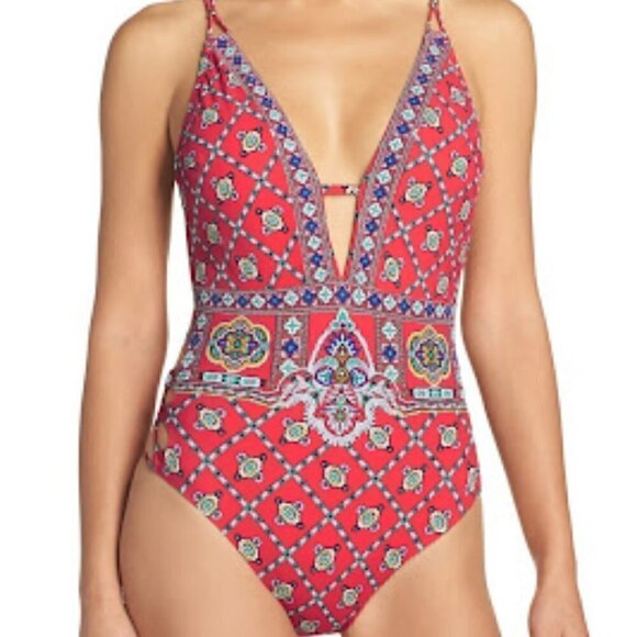 Cupshe Tangerine Blue Plunge Neck Strappy One Piece Swimsuit - Picture 1 of 12